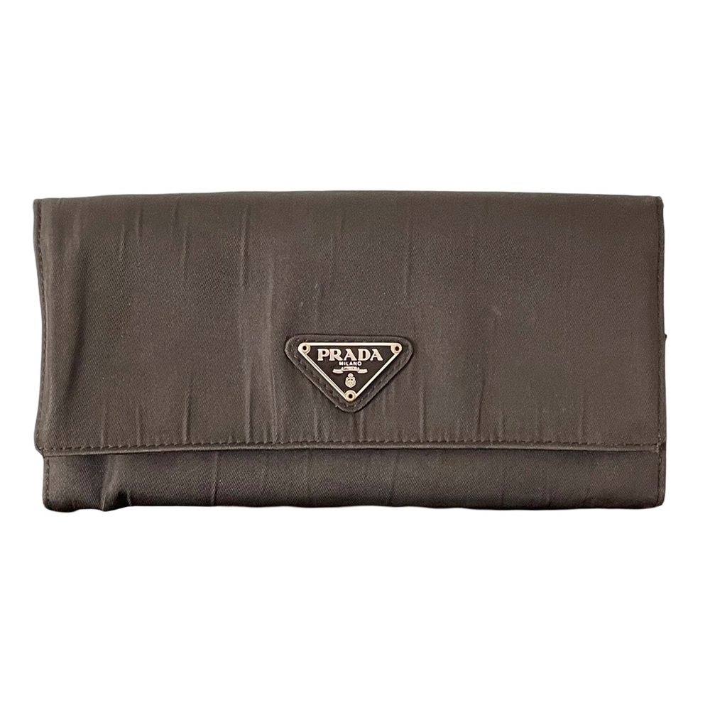 Prada brown Tessuto nylon triangle logo long snap wallet